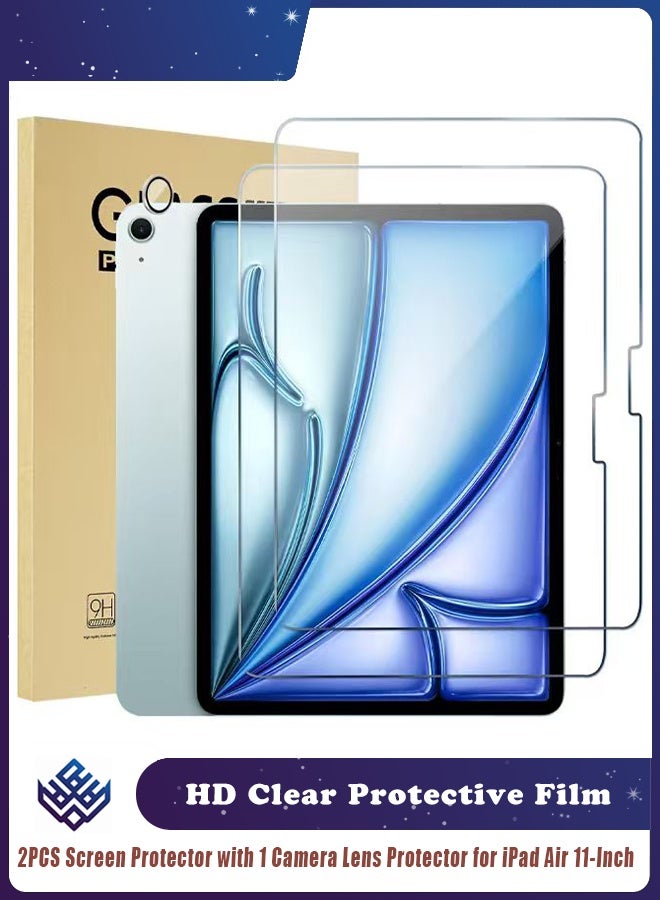 عبوة من قطعتين من واقي الشاشة لجهاز iPad Air مقاس 11 بوصة (M3 2025/M2 2024) - غشاء زجاجي مقوى لجهاز iPad Air A3266/A3267/A3270/A2902/A2903/A2904 مع واقي عدسة كاميرا واحد، واقي شفاف عالي الوضوح مقاوم للخدش بصلابة 9H - Image 1